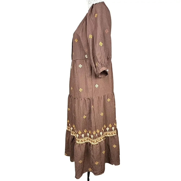Fig & Flower Anthropologie Embroidered Tiered 3/4 Sleeve Dress Size Medium - Picture 3 of 8